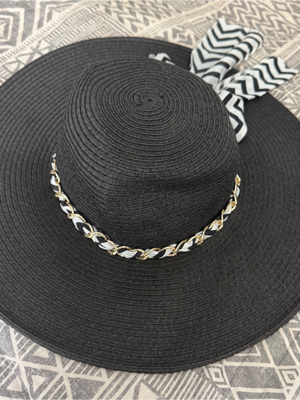 Royal Road Black Wide Brim Packable Sun Hat Gold Chain Scarf Beach Vacation